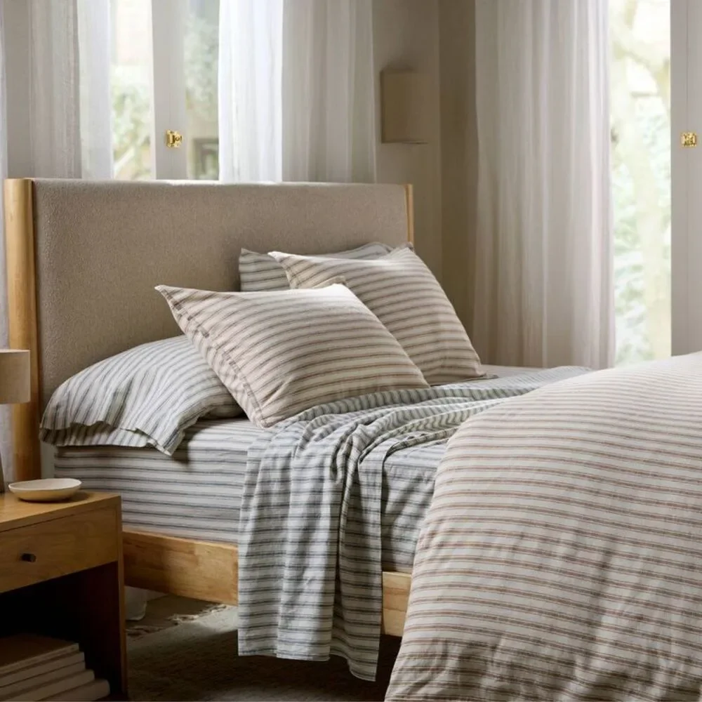 Full/Queen Relaxed Linen Stripe Duvet Cover & Sham Set Pecan & Parchment -